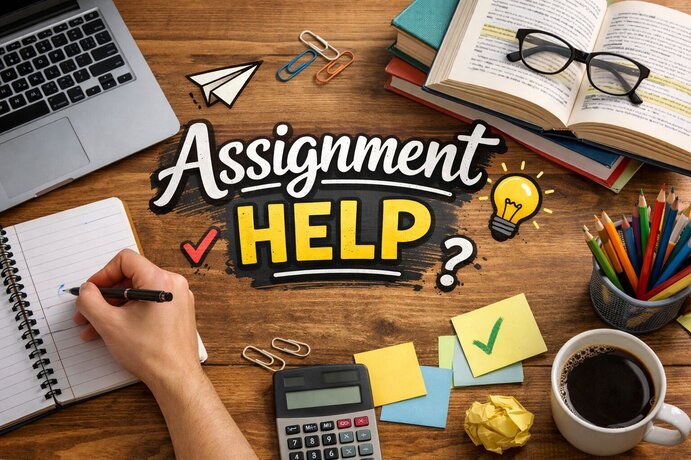 Students receiving professional management assignment help services while working on business reports, research, and academic projects using laptops and study materials.