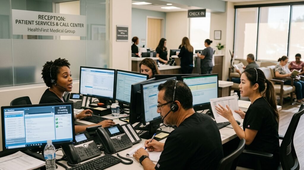 Dental clinic reception staff using modern communication technology