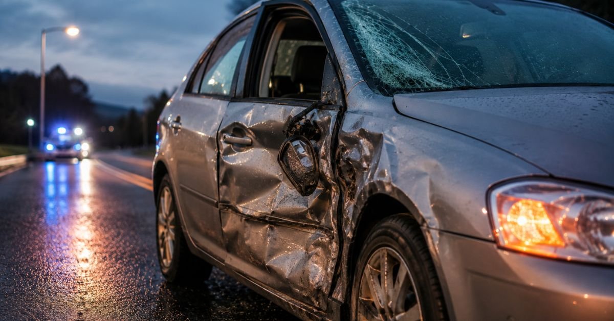 Silver saloon car with severe side impact damage after a collision, parked on a wet road with hazard lights flashing, accident scene at dusk