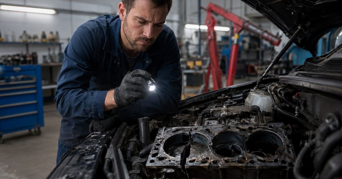 Mechanic in blue overalls inspecting an open car engine bay with a damaged engine block, workshop background, engine replacement guide