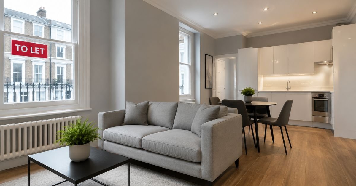 Bright and modern one-bedroom flat in London with large windows, clean furnishings, and a “To Let” sign in the window, ready for fast rental