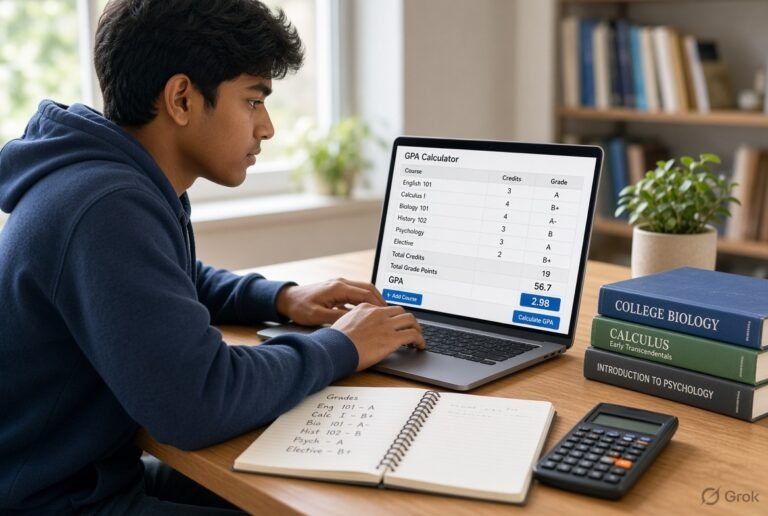 University student calculating GPA on laptop with grade scale and notebook
