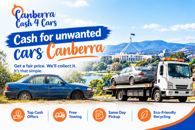 Cash for unwanted cars Canberra service featuring a Canberra Cash 4 Cars logo, old car, tow truck, and Canberra city skyline.