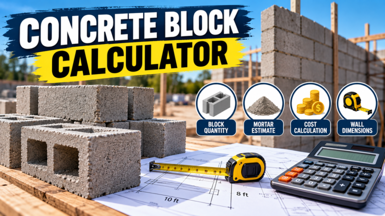 Concrete block calculator for estimating wall blocks, mortar, material costs, and wall dimensions.