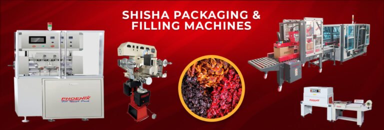 Phoenix branded shisha packaging and filling machines displayed against a red background, featuring various industrial packing equipment, a carton sealing line, a shrink wrapper, a